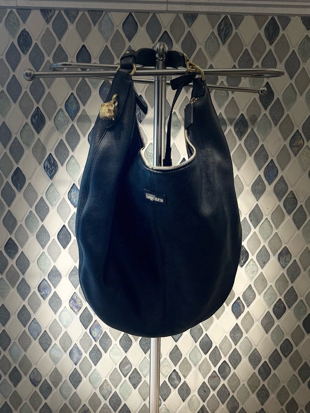 Alexander McQueen Black Leather Hobo Bag with Gold Hardware
